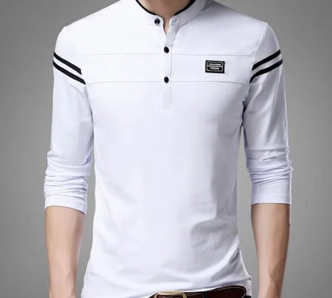 Casual Men T Shirt Button Neck Collar Long Full Sleeve Tshirt Male (Copy) (Copy)