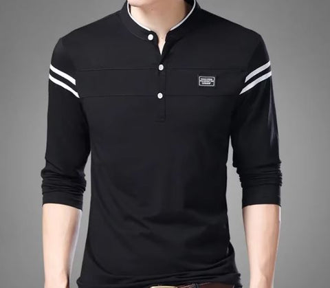 Casual Men T Shirt Button Neck Collar Long Full Sleeve Tshirt Male